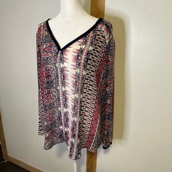 Lucky Brand cream, maroon & navy print long sleeve sheer top size L - Picture 3 of 10